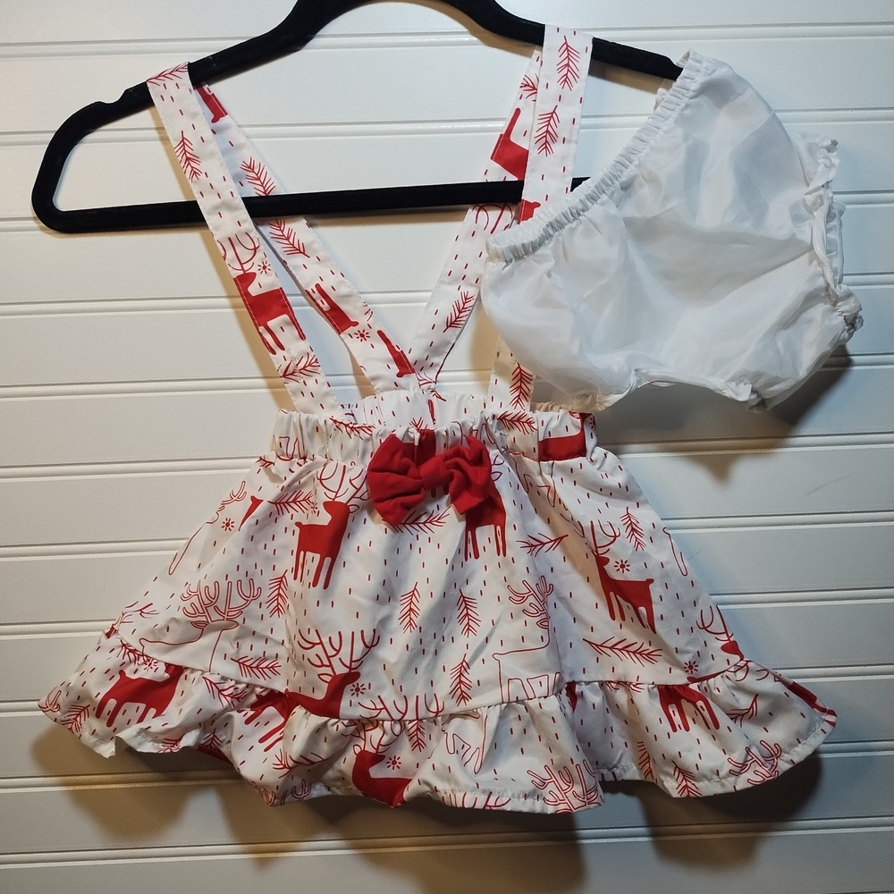 Boutique Infant 18M Christmas Reindeer Dress Suspender Skirt & Diaper Cover Red